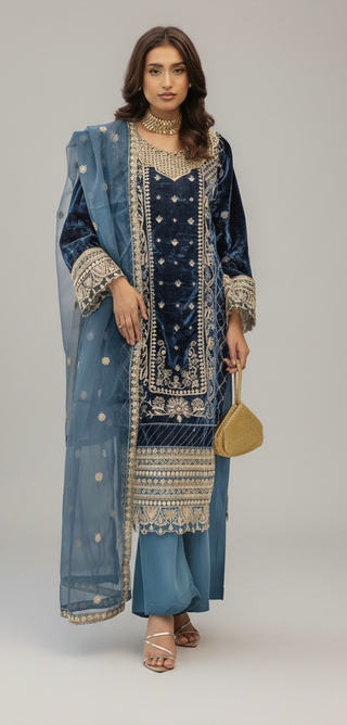 Teal 3pc Velvet Suit with Thread Embroidery
