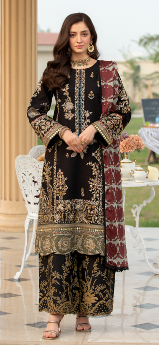 Black 3pc Readymade Lawn Suit with Heavy Stiching