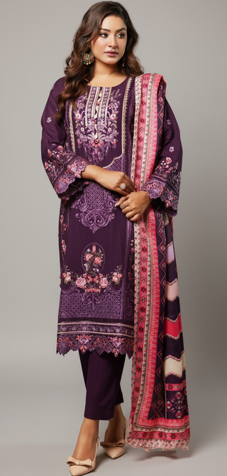 Purple Embroided 3pc Linen Suit