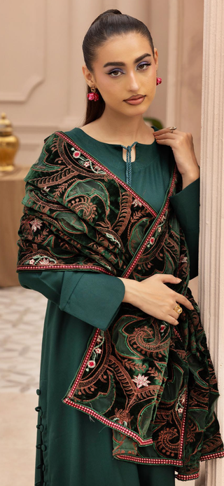 Green Dhanak 3pc Suit with Heavy Cutwork Shawl