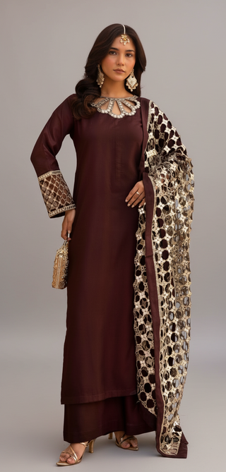 Brown 3pc Suit with Cutwork Neckline & Dupatta