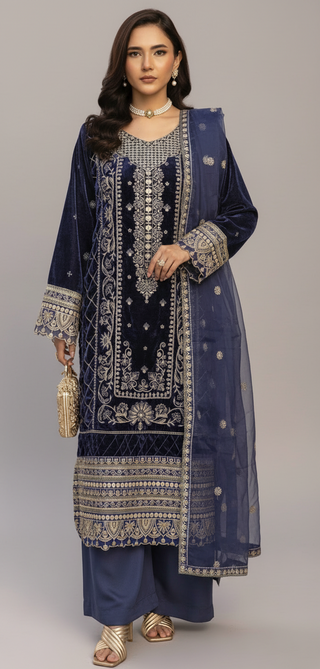 Navy 3pc Velvet Suit with Thread Embroidery