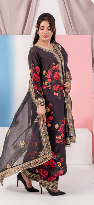 Black 3pc Cotton Suit with Heavy Embroided Duppata