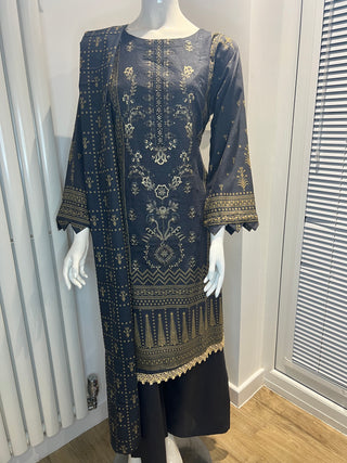 Charcoal/Gold 3pc Dhanak Suit