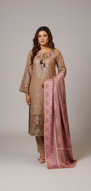 Beige Embroided 3pc Linen Suit