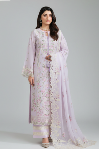 Lilac 3pc Viscose Suit with Full Embroidery