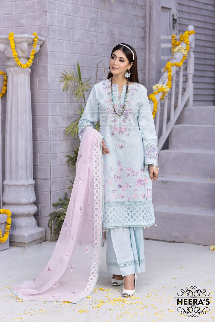 Sky Blue 3pc Readymade Lawn Suit with Wide Leg Trousers