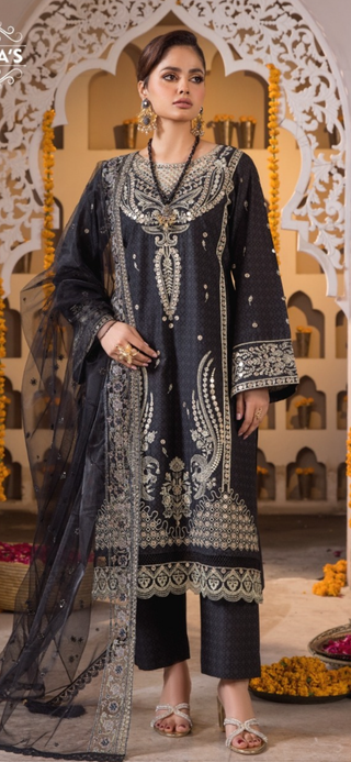 Black & Gold 3pc Readymade Lawn Suit