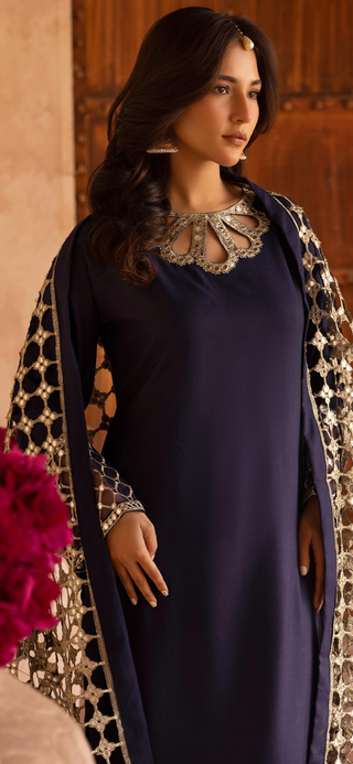Navy 3pc Suit with Cutwork Neckline & Dupatta