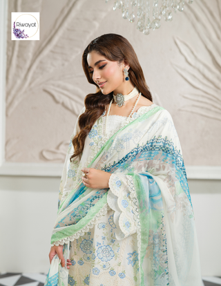 White/Blue 3pc Viscose Suit with Full Embroidery