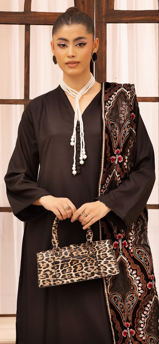 Black Dhanak 3pc Suit with Heavy Cutwork Shawl