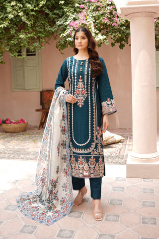 Teal 3pc Cotton Suit with Printed Dupatta