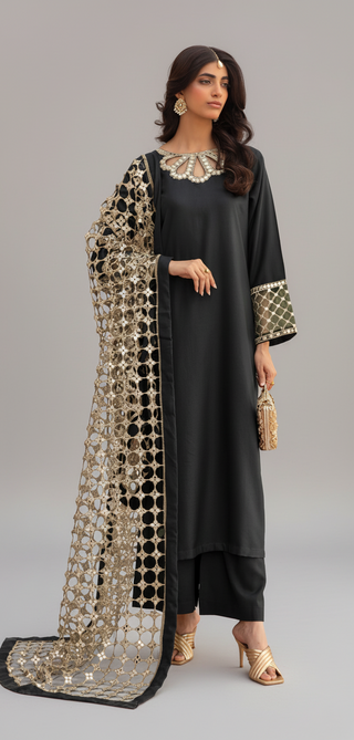 Green 3pc Suit with Cutwork Neckline & Dupatta