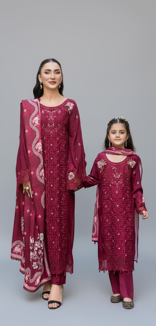 Deap Red 3pc Mother & Daughter Winter Linen Suit