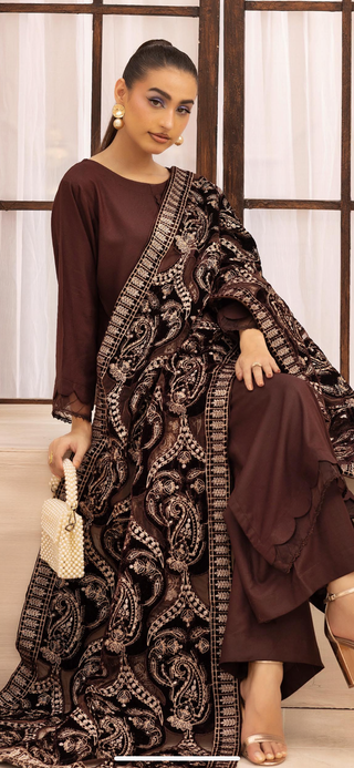 Brown Dhanak 3pc Suit with Heavy Cutwork Shawl