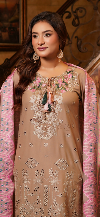 Beige Embroided 3pc Linen Suit