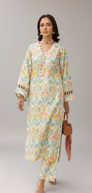 Cream/Green Floral Khaddar Co-ord Set