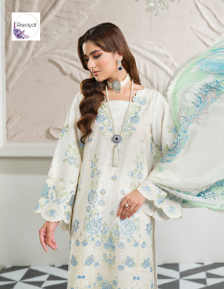 White/Blue 3pc Viscose Suit with Full Embroidery
