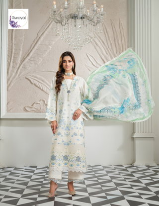 White/Blue 3pc Viscose Suit with Full Embroidery