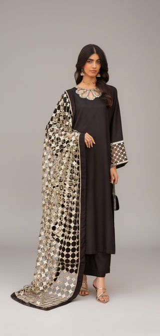 Black 3pc Suit with Cutwork Neckline & Dupatta