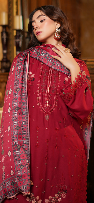 Red Embroided 3pc Linen Suit