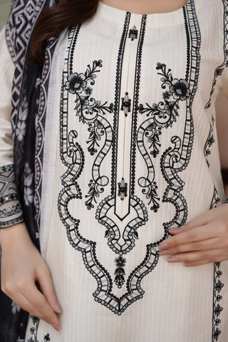 White 3pc Cotton Suit with Printed Dupatta