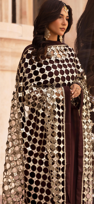Brown 3pc Suit with Cutwork Neckline & Dupatta