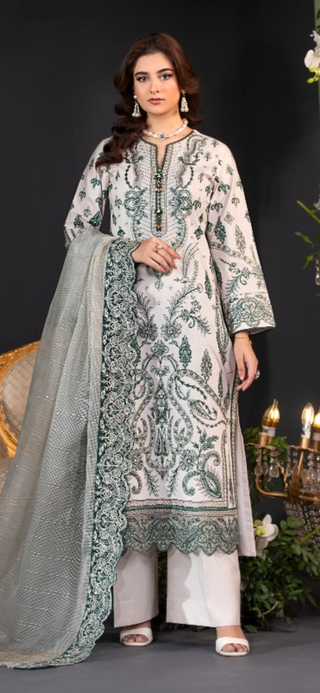 White & Green 3pc Readymade Lawn Suit with Contrast Stiching