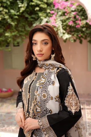Black 3pc Cotton Suit with Printed Dupatta