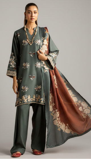 Grey Raniya.h Embroided Dhanak Suit