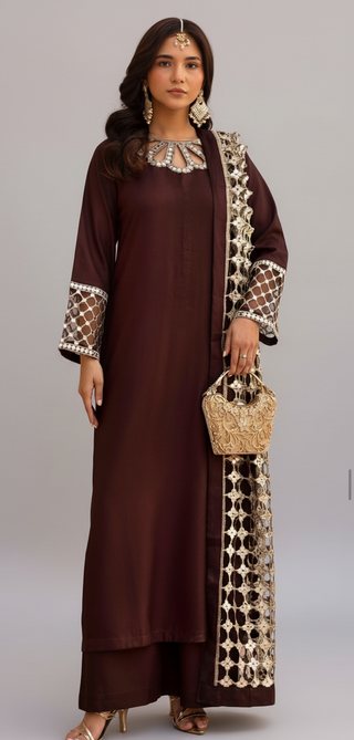 Brown 3pc Suit with Cutwork Neckline & Dupatta