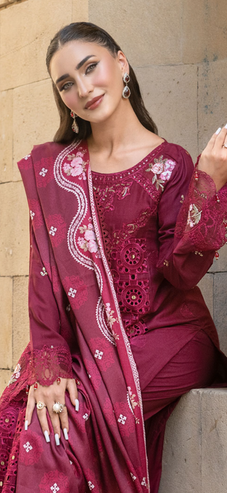 Deap Red 3pc Mother & Daughter Winter Linen Suit