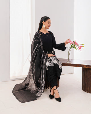 Black/White Floral 3pc Lawn Suit