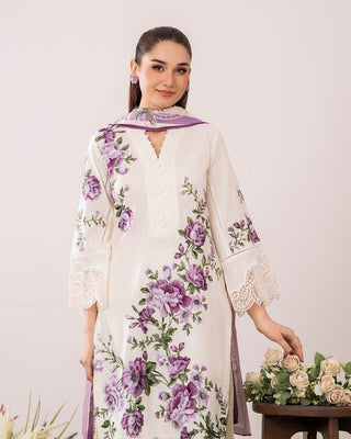 Cream/Purple Floral 3pc Lawn Suit