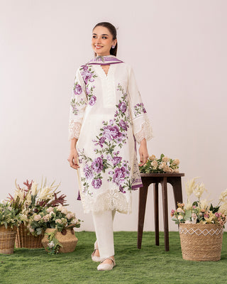 Cream/Purple Floral 3pc Lawn Suit