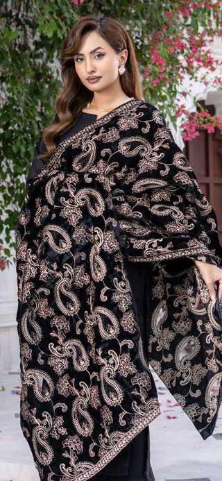 Black Dhanak 3pc Suit with Heavy Cutwork Shawl