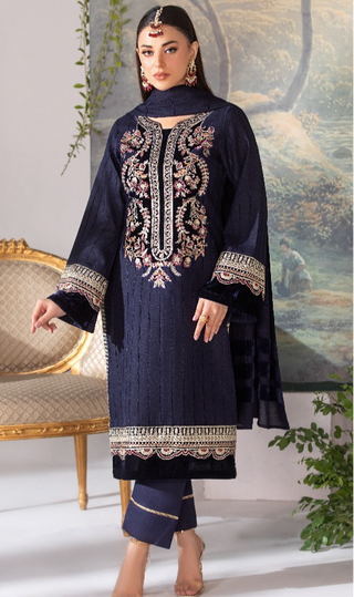 Navy 3pc Dhanak Suit with Velvet Shawl