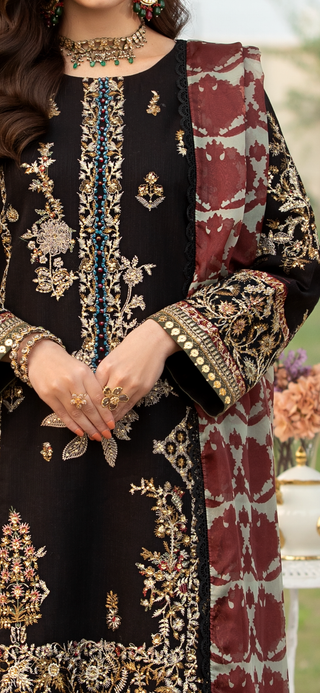 Black 3pc Readymade Lawn Suit with Heavy Stiching