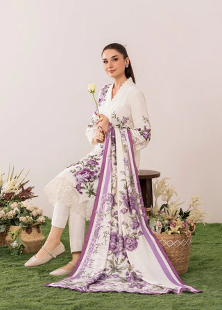 Cream/Purple Floral 3pc Lawn Suit