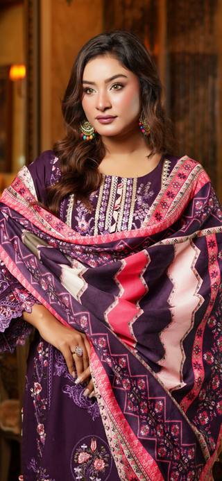 Purple Embroided 3pc Linen Suit