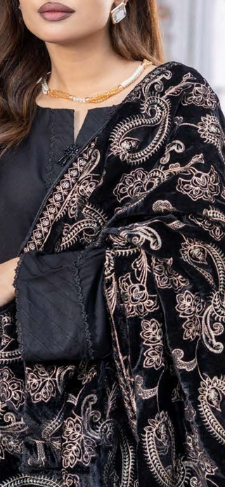Black Dhanak 3pc Suit with Heavy Cutwork Shawl