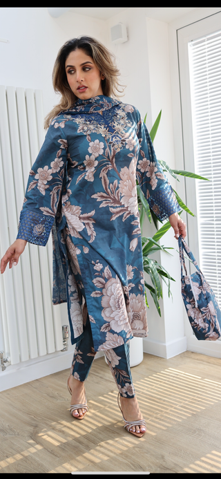 Teal 4pc Floral Lawn Suit with Bag