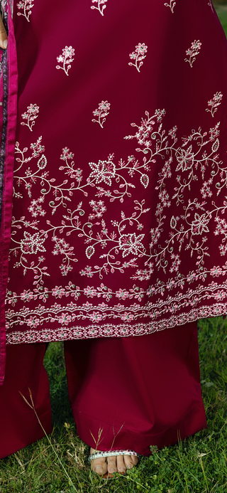 Wine 3pc Lawn Suit with Palazzo