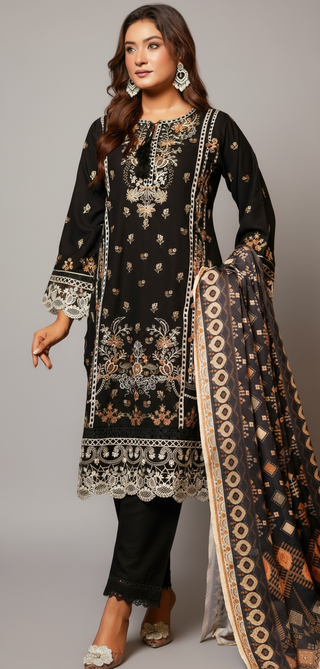 Black Embroided 3pc Linen Suit