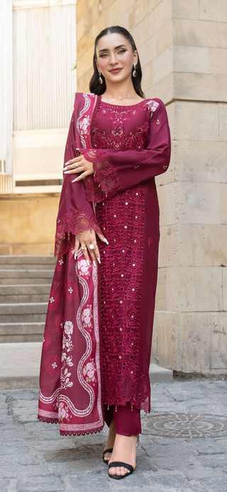 Deap Red 3pc Mother & Daughter Winter Linen Suit