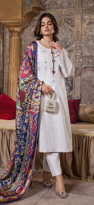 White 3pc Readymade Lawn Suit with Contrast Dupatta
