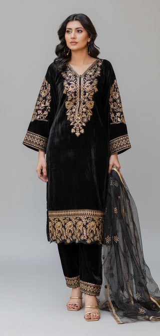 Black 3pc Velvet Suit with Organza Scarf by