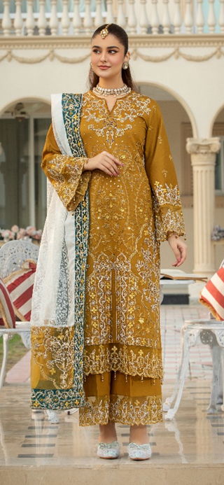 Mustard 3pc Readymade Lawn Suit With Contrast Dupatta