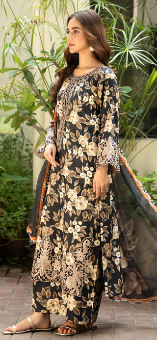 Brown Floral Raniya.h 3pc Viscose Suit