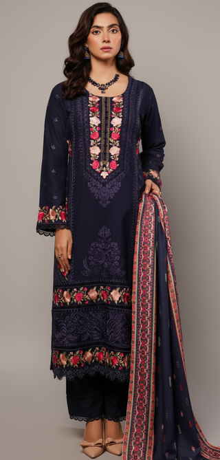 Navy Embroided 3pc Linen Suit